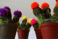 Zdjęcie przedstawia wykonane na szydełku kaktusy w doniczkach